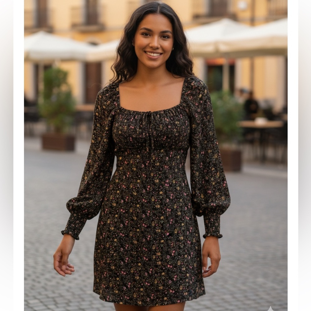 Dress Forum Floral Black Dress with Long Sleeves